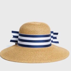 Tuckernuck: Striped Ribbon Wide-Brim Straw Sun Hat - Navy & White